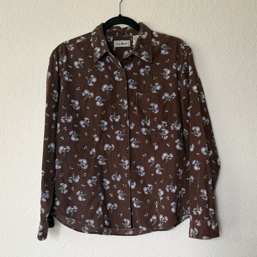 LL BEAN Vintage Floral Corduroy Button Up Shirt Women's Sz 8 90s Brown Cottage